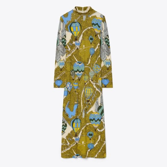 Tory Burch Dresses & Skirts - Tory Burch Balloons In The Sky Print Long Midi Dress Mock Neck Hot Air Green 8